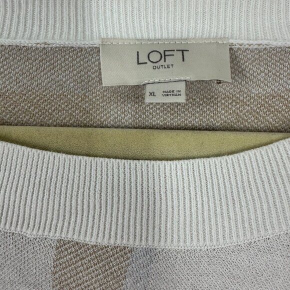 Loft Outlet Womens XL Plaid Knit Sweater Beige & White 100% Cotton Lightweight - Picture 4 of 4